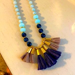 EUC Loft Long Blue and Gold Tassle Necklace